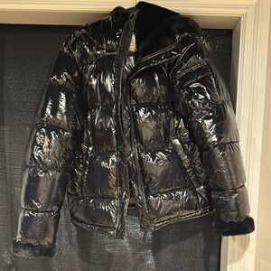 Glossy Black Quilted Puffer Coat with Hood